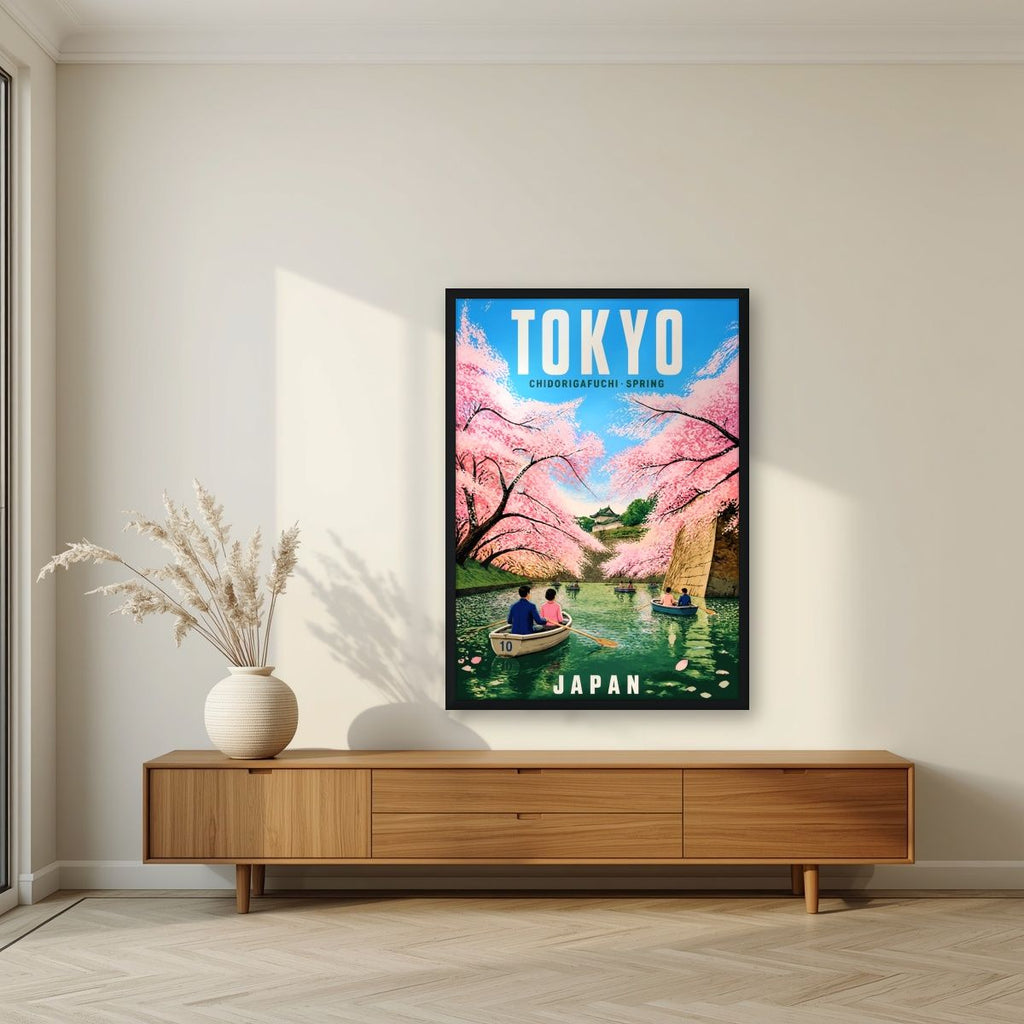 Chidorigafuchi Boats — Japan Cherry Blossom Season art print, in a black frame, styled in a living room
