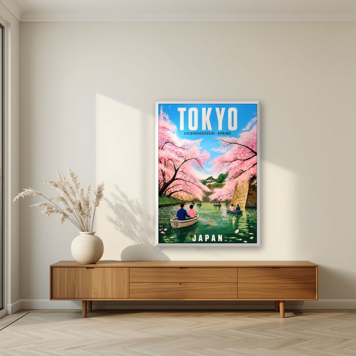 Chidorigafuchi Boats — Japan Cherry Blossom Season art print, in a white frame, styled in a living room