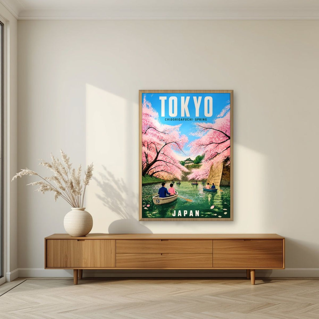 Chidorigafuchi Boats — Japan Cherry Blossom Season art print, in an oak frame, styled in a living room