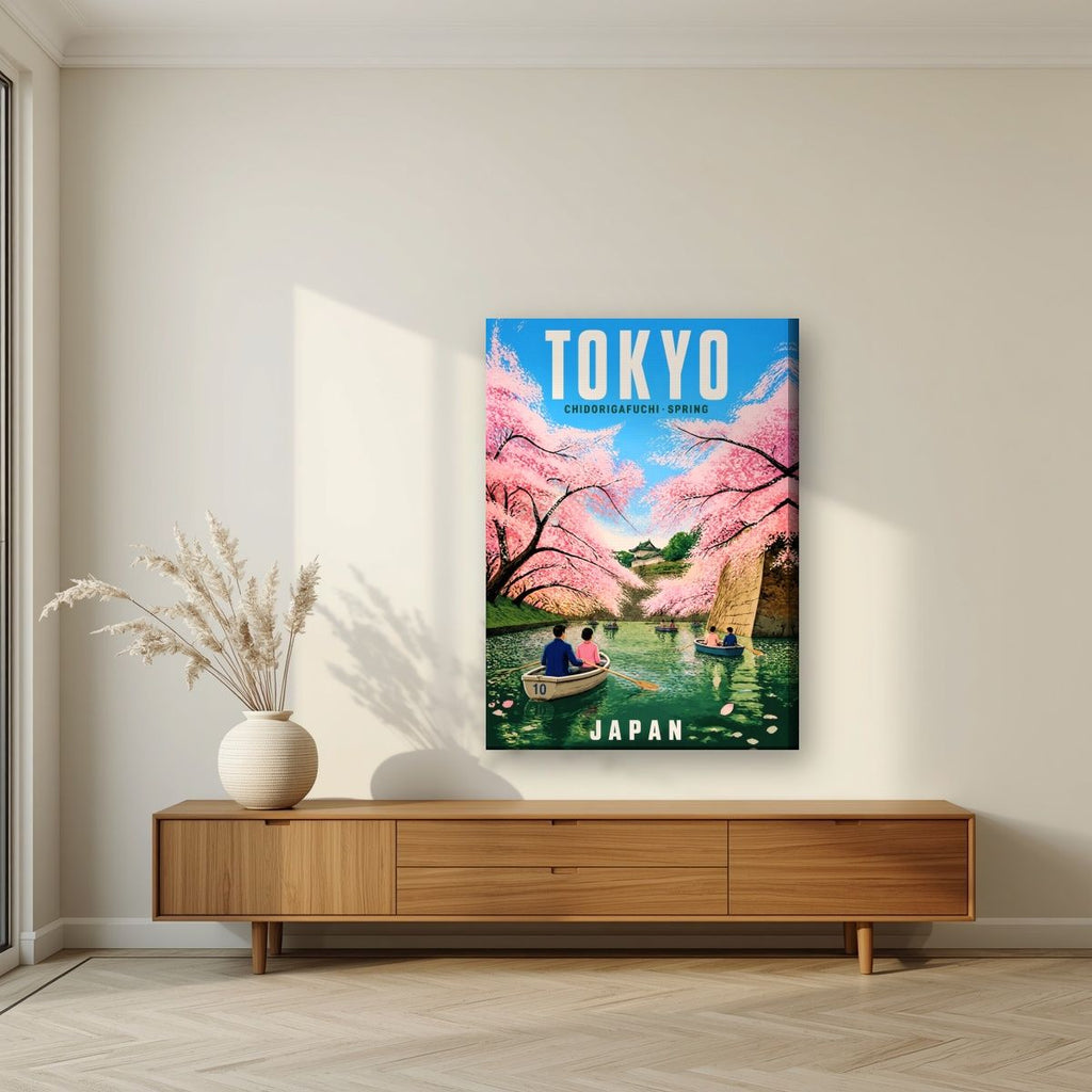 Chidorigafuchi Boats — Japan Cherry Blossom Season art print, on slim canvas, styled in a living room