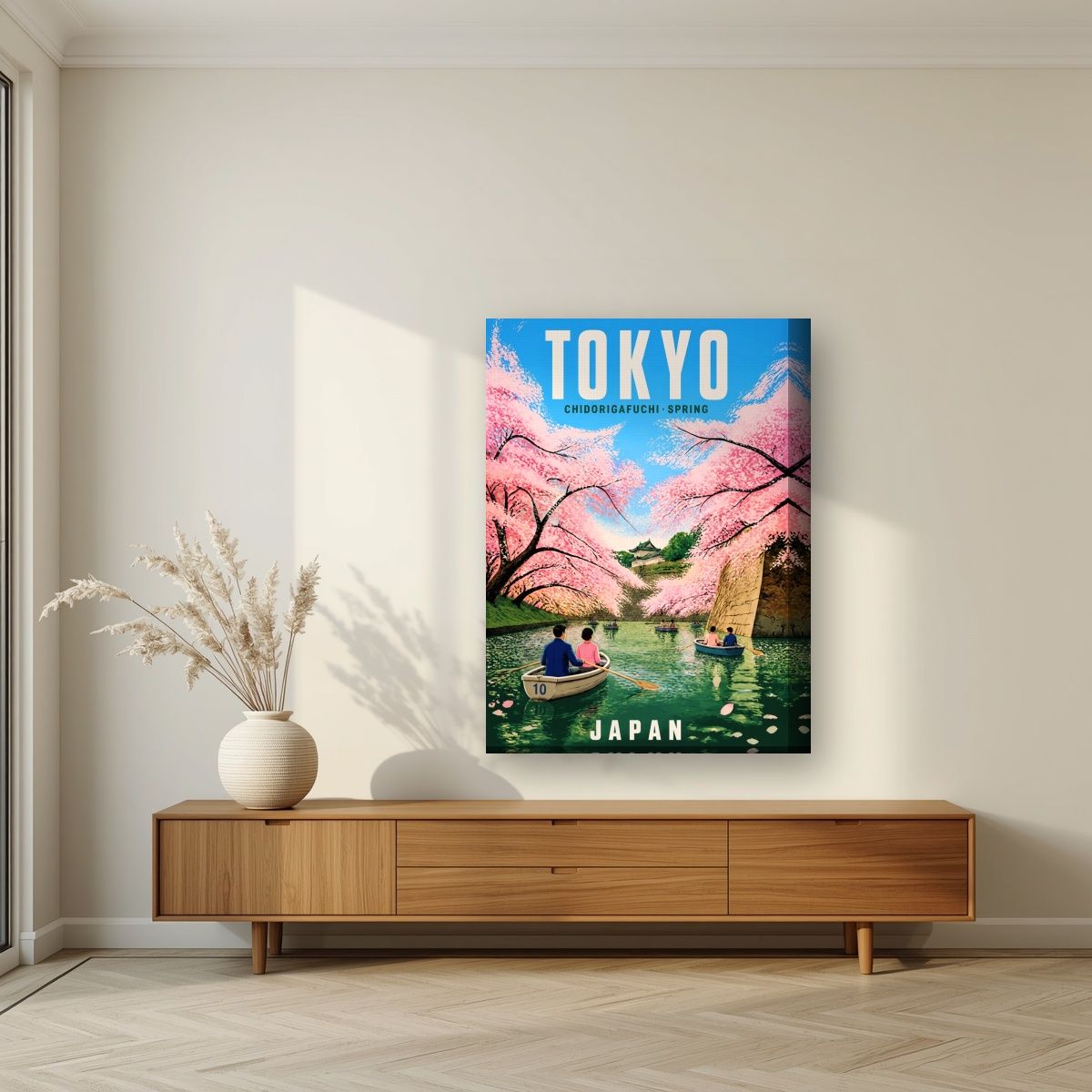 Chidorigafuchi Boats — Japan Cherry Blossom Season art print, on thick canvas, styled in a living room