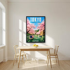 Chidorigafuchi Boats — Japan Cherry Blossom Season art print, in a black frame, styled in a kitchen