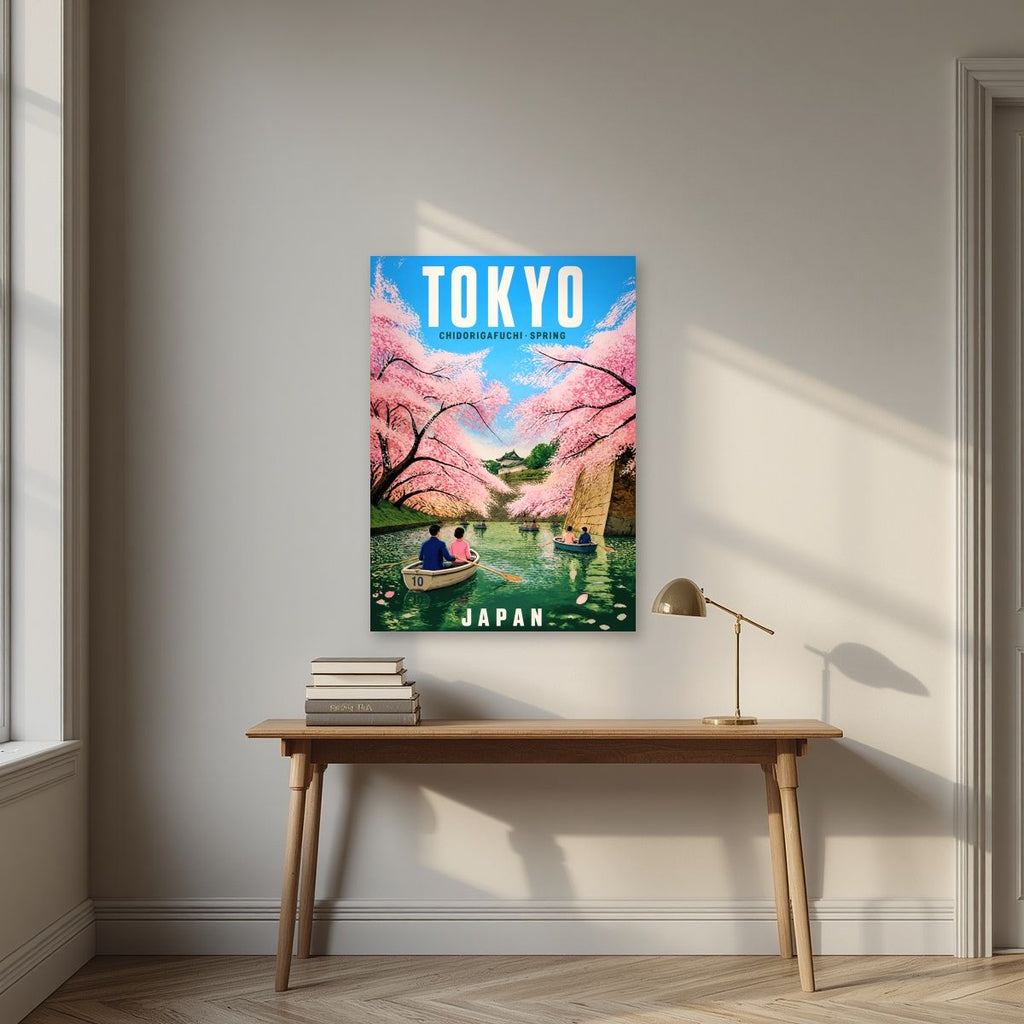 Chidorigafuchi Boats — Japan Cherry Blossom Season art print, unframed poster, styled in a desk