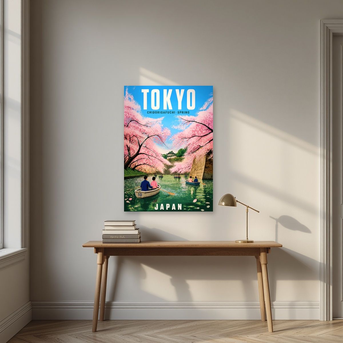 Chidorigafuchi Boats — Japan Cherry Blossom Season art print, unframed poster, styled in a desk