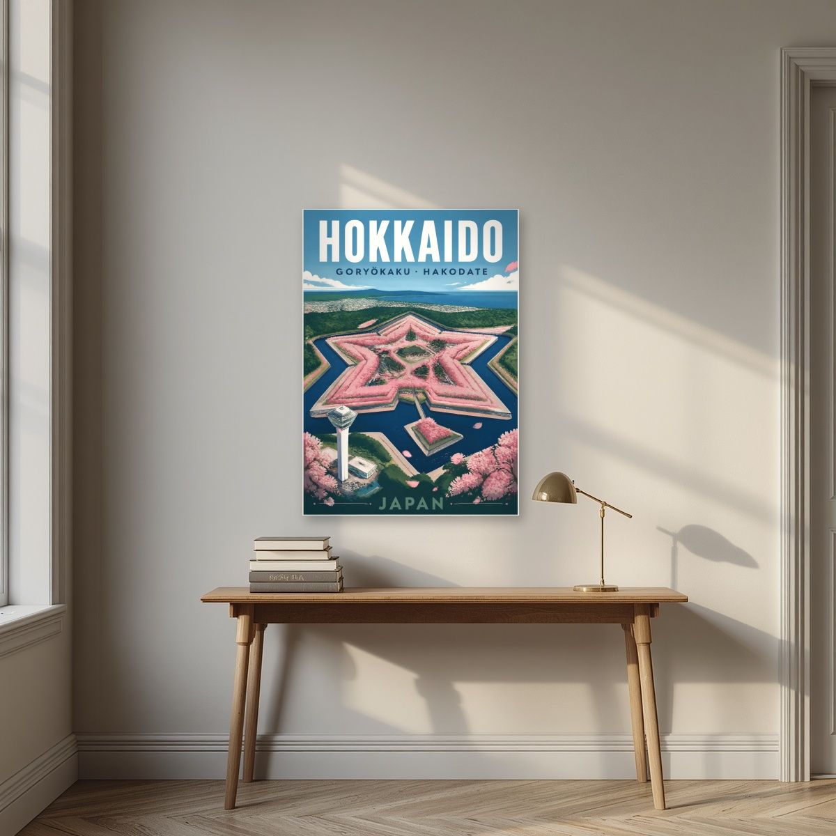 Goryokaku Hoshi — Japan Cherry Blossom Season art print, unframed poster, styled in a desk