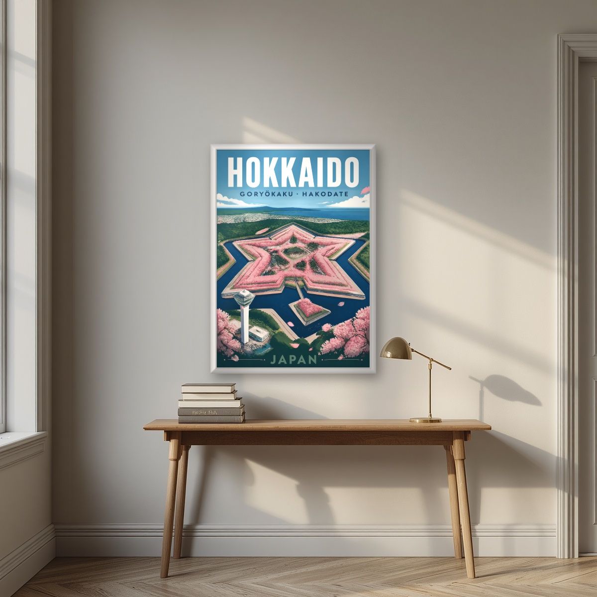 Goryokaku Hoshi — Japan Cherry Blossom Season art print, in a white frame, styled in a desk