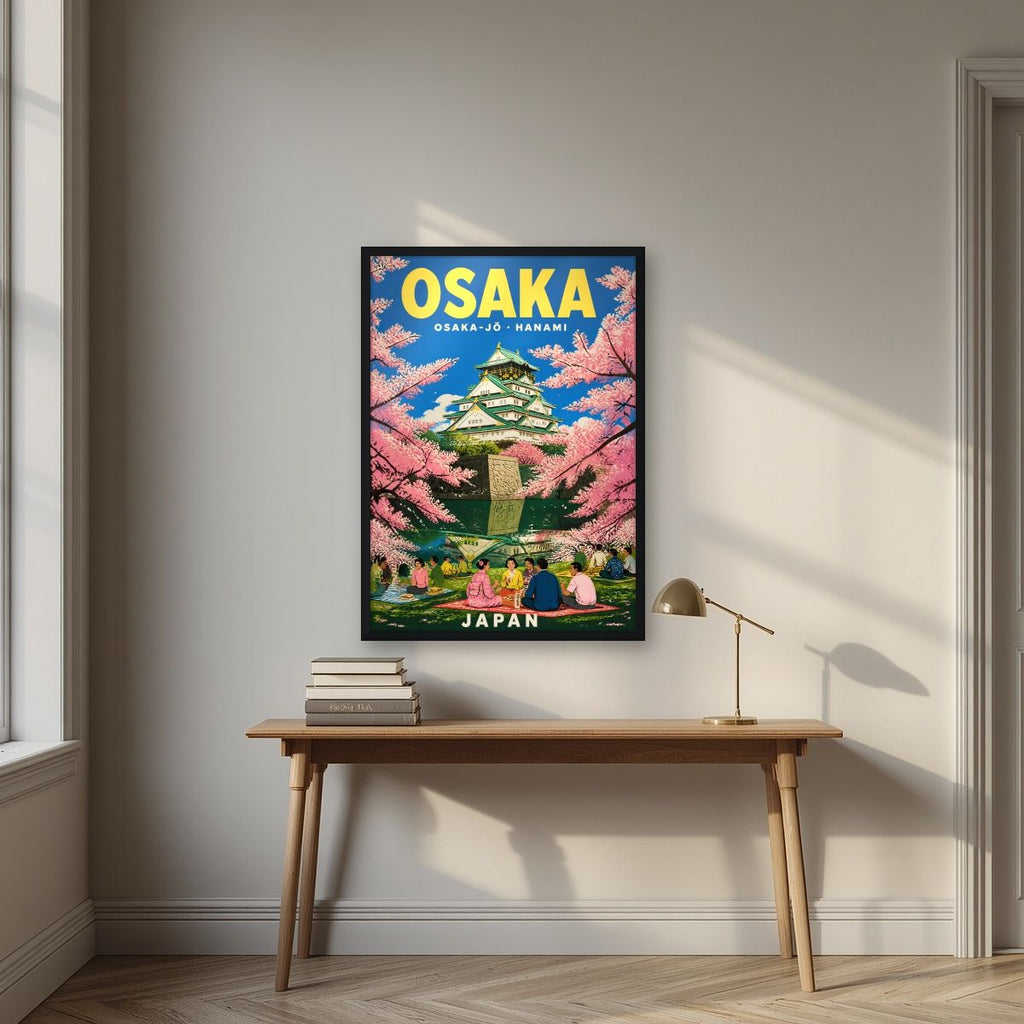 Hanami at the Castle — Japan Cherry Blossom Season art print, in a black frame, styled in a desk