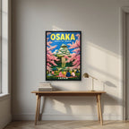 Hanami at the Castle — Japan Cherry Blossom Season art print, in a black frame, styled in a desk