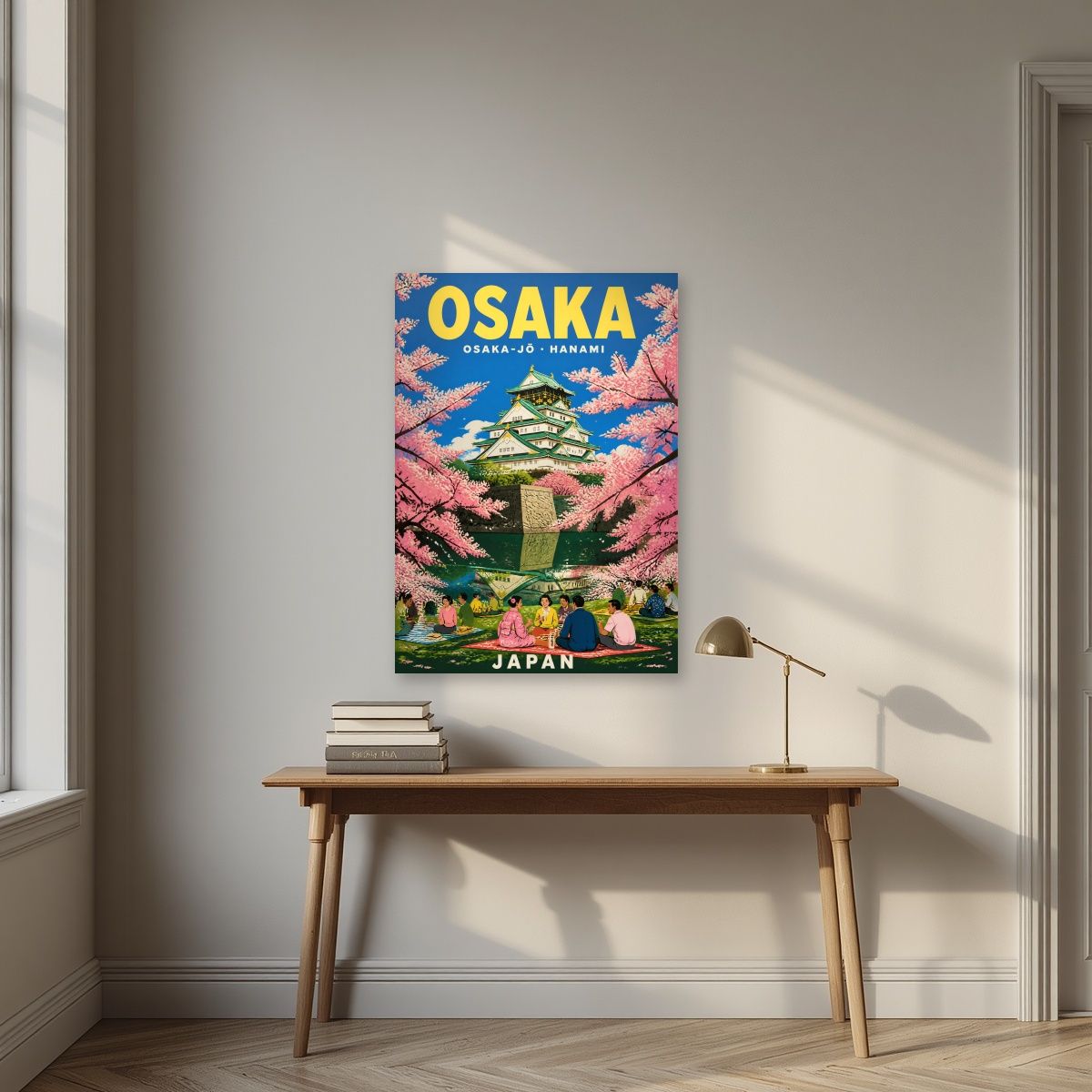 Hanami at the Castle — Japan Cherry Blossom Season art print, unframed poster, styled in a desk