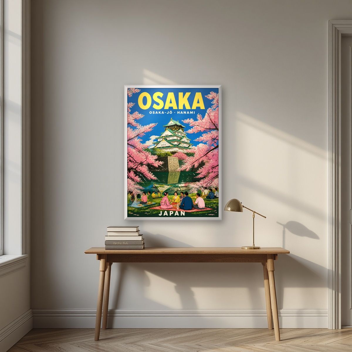 Hanami at the Castle — Japan Cherry Blossom Season art print, in a white frame, styled in a desk