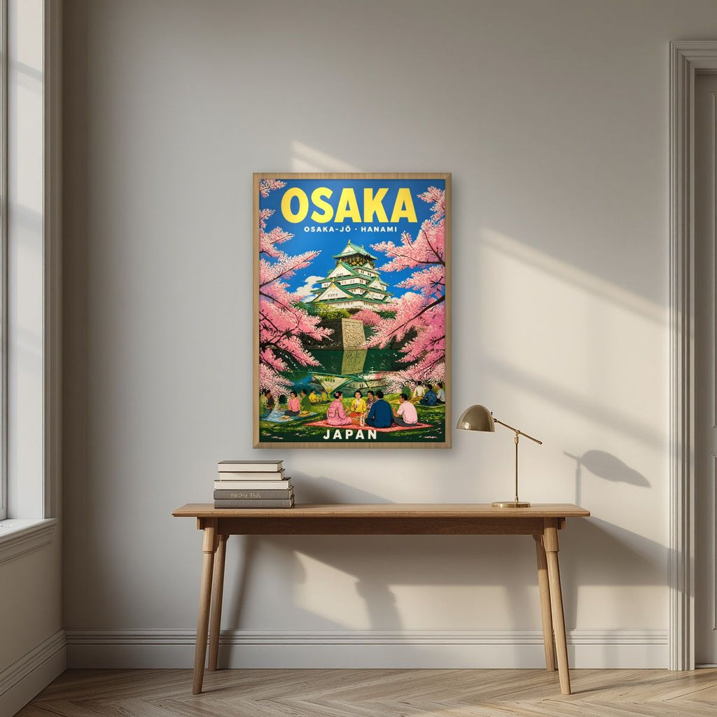 Hanami at the Castle — Japan Cherry Blossom Season art print, in an oak frame, styled in a desk