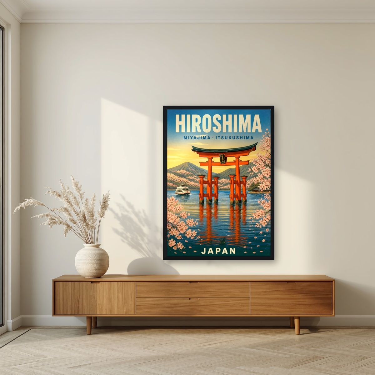 Itsukushima Torii — Japan Cherry Blossom Season art print, in a black frame, styled in a living room