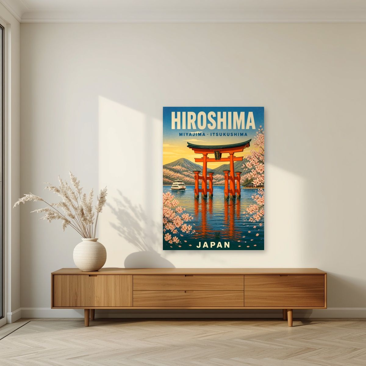 Itsukushima Torii — Japan Cherry Blossom Season art print, unframed poster, styled in a living room