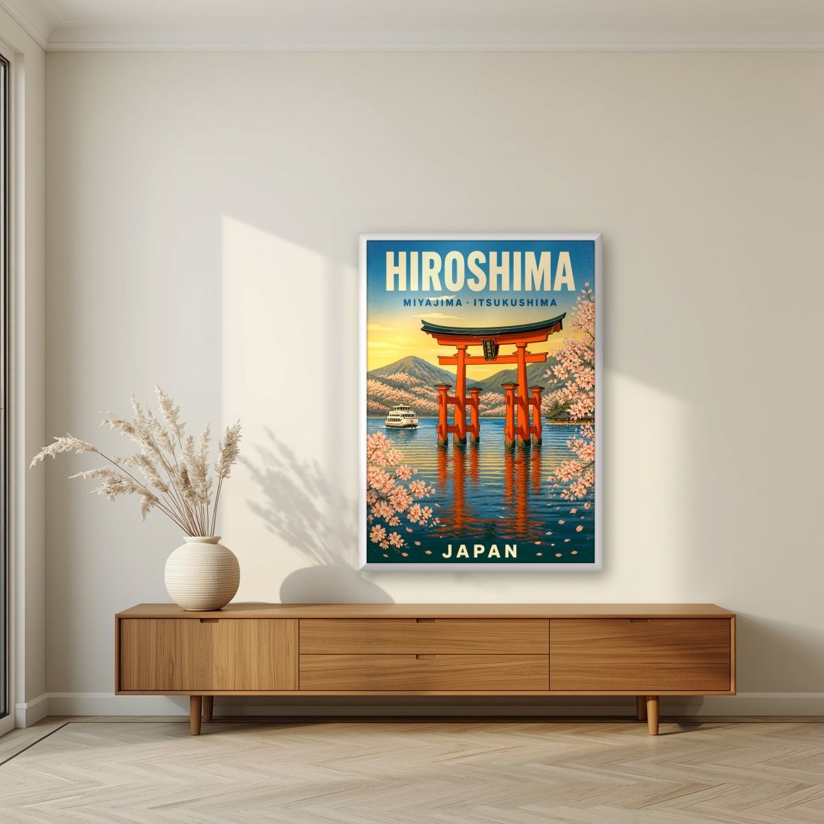 Itsukushima Torii — Japan Cherry Blossom Season art print, in a white frame, styled in a living room