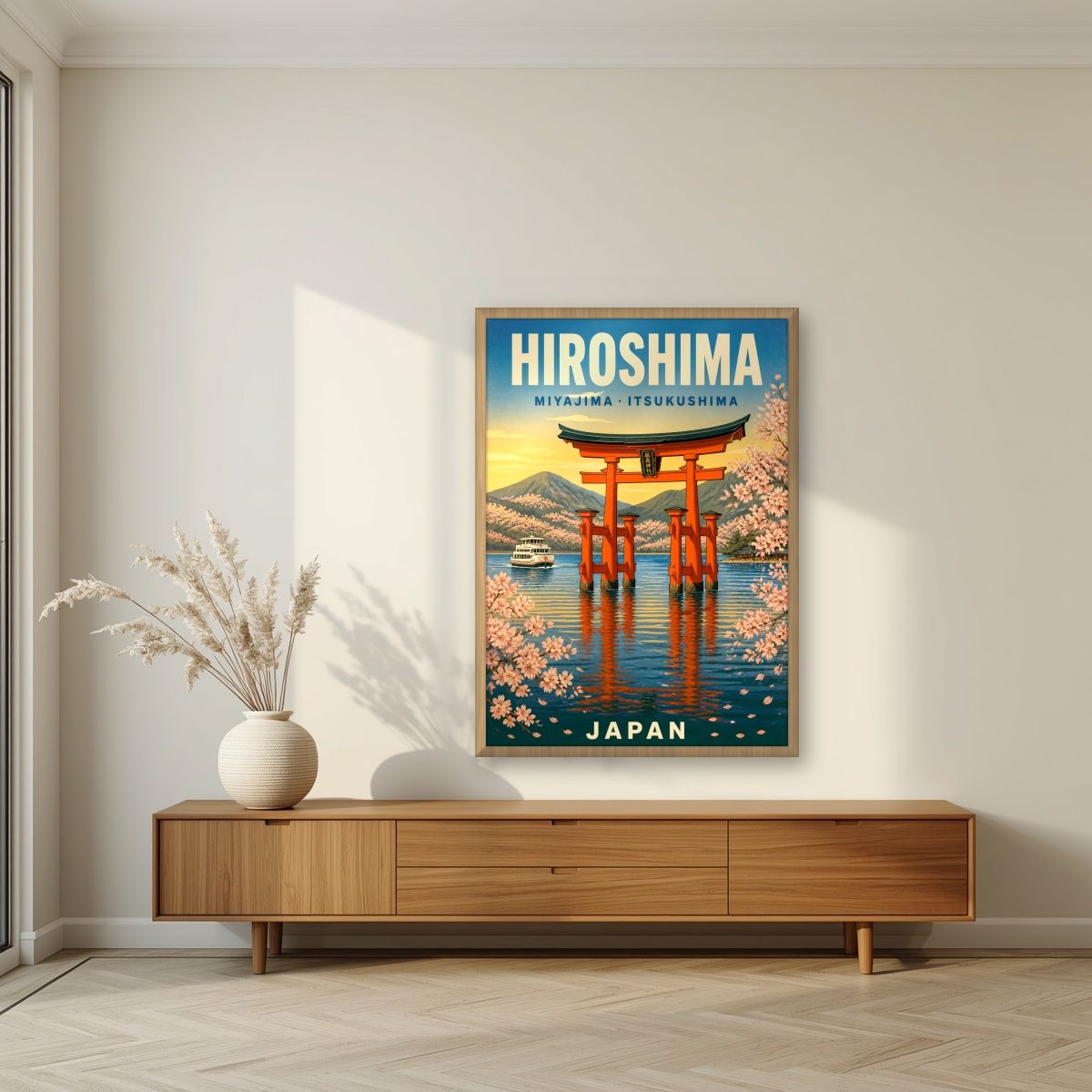 Itsukushima Torii — Japan Cherry Blossom Season art print, in an oak frame, styled in a living room