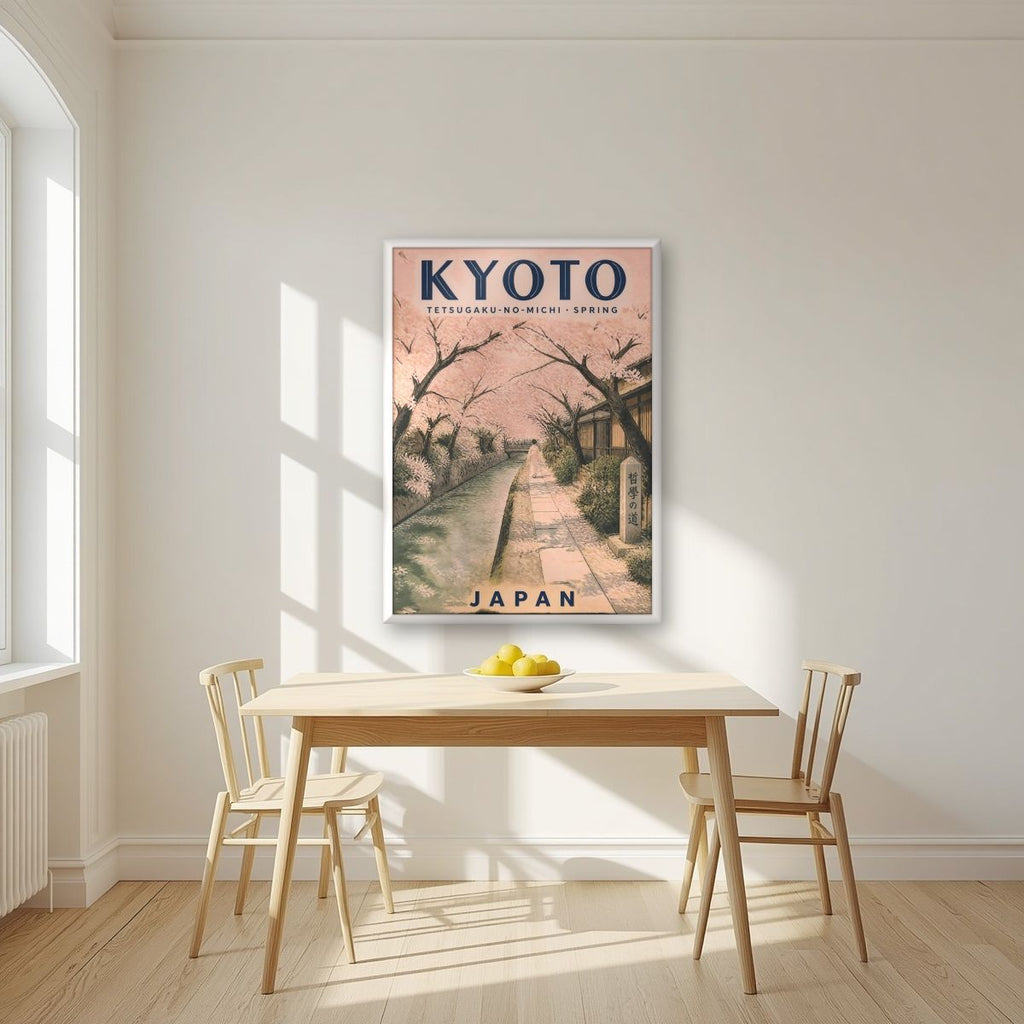 Tetsugaku no Michi — Japan Cherry Blossom Season art print, in a white frame, styled in a kitchen