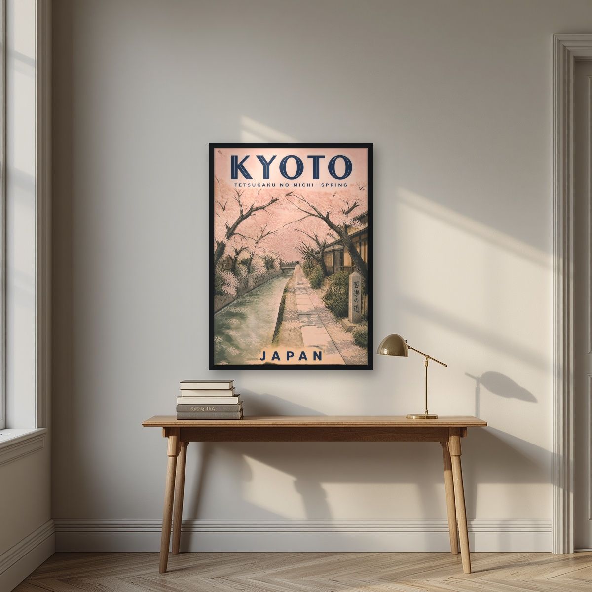 Tetsugaku no Michi — Japan Cherry Blossom Season art print, in a black frame, styled in a desk