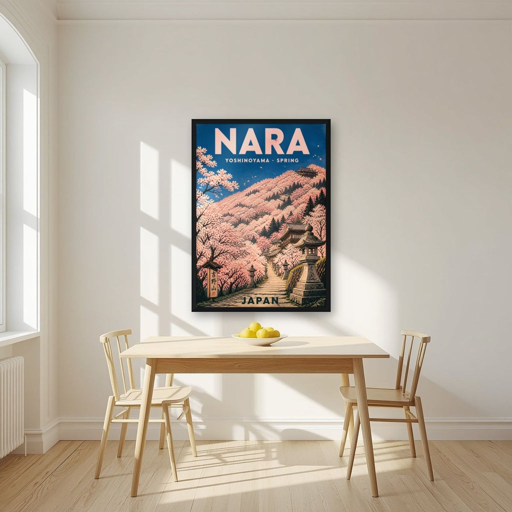 Yoshinoyama Senbonzakura — Japan Cherry Blossom Season art print, in a black frame, styled in a kitchen