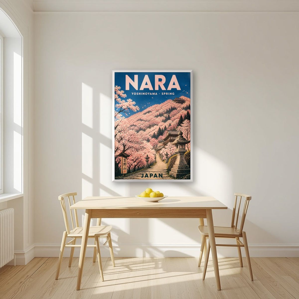 Yoshinoyama Senbonzakura — Japan Cherry Blossom Season art print, in a white frame, styled in a kitchen