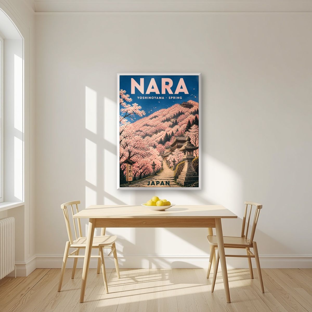 Yoshinoyama Senbonzakura — Japan Cherry Blossom Season art print, in a white frame, styled in a kitchen