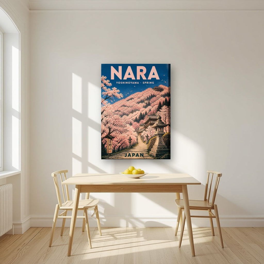 Yoshinoyama Senbonzakura — Japan Cherry Blossom Season art print, on slim canvas, styled in a kitchen