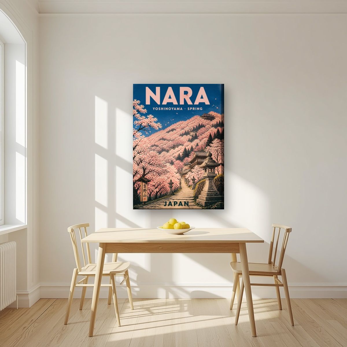 Yoshinoyama Senbonzakura — Japan Cherry Blossom Season art print, on slim canvas, styled in a kitchen