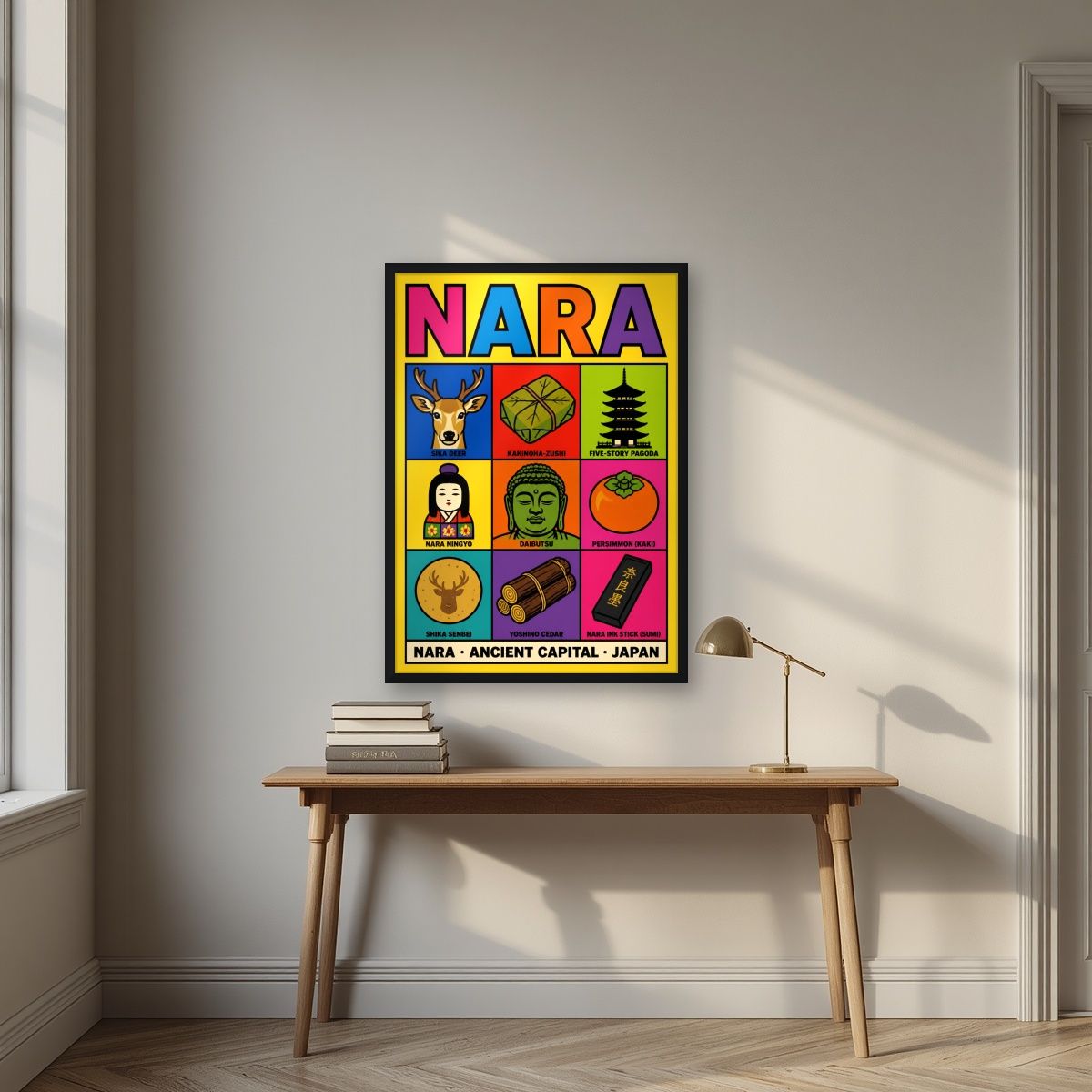 Deer & Daibutsu — Nara art print, in a black frame, styled in a desk