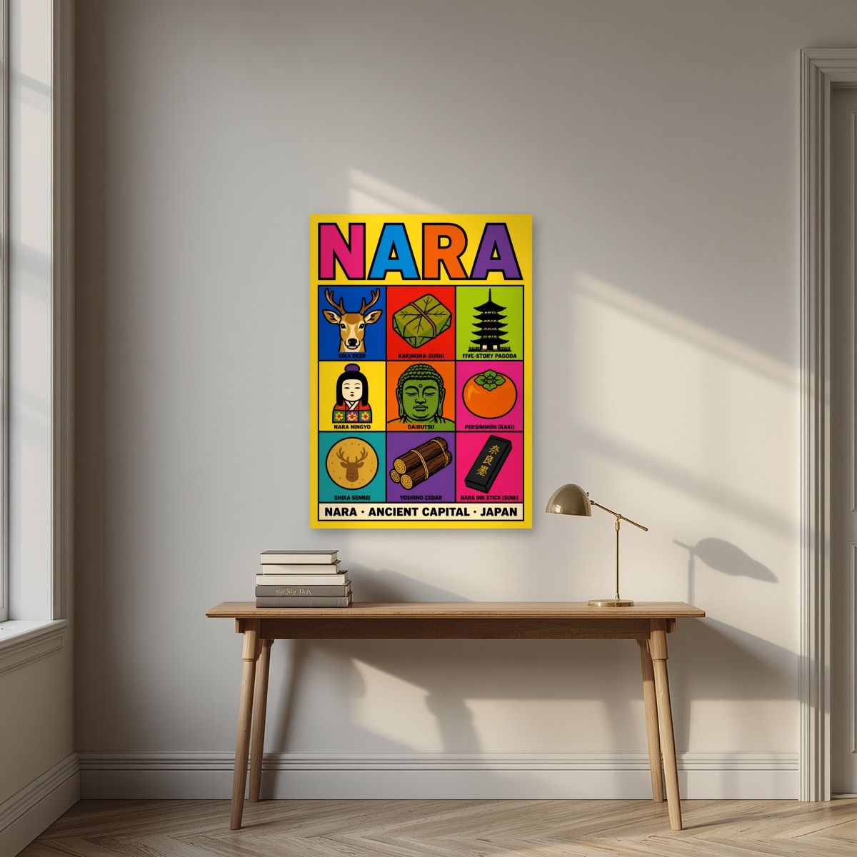 Deer & Daibutsu — Nara art print, unframed poster, styled in a desk