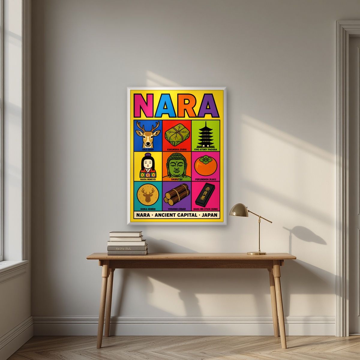 Deer & Daibutsu — Nara art print, in a white frame, styled in a desk