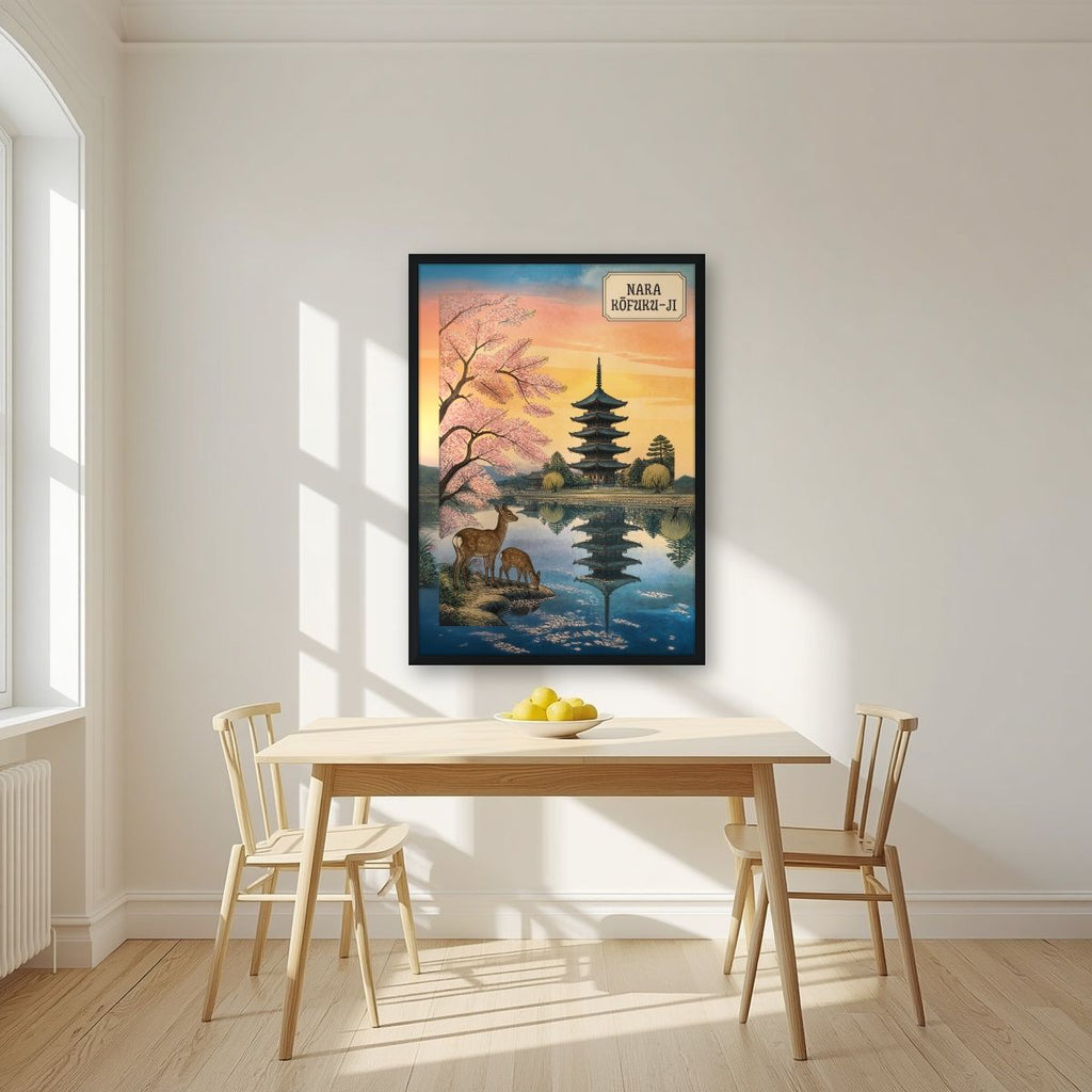 Kofuku-ji Sakura — Nara art print, in a black frame, styled in a kitchen