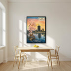 Kofuku-ji Sakura — Nara art print, in a black frame, styled in a kitchen