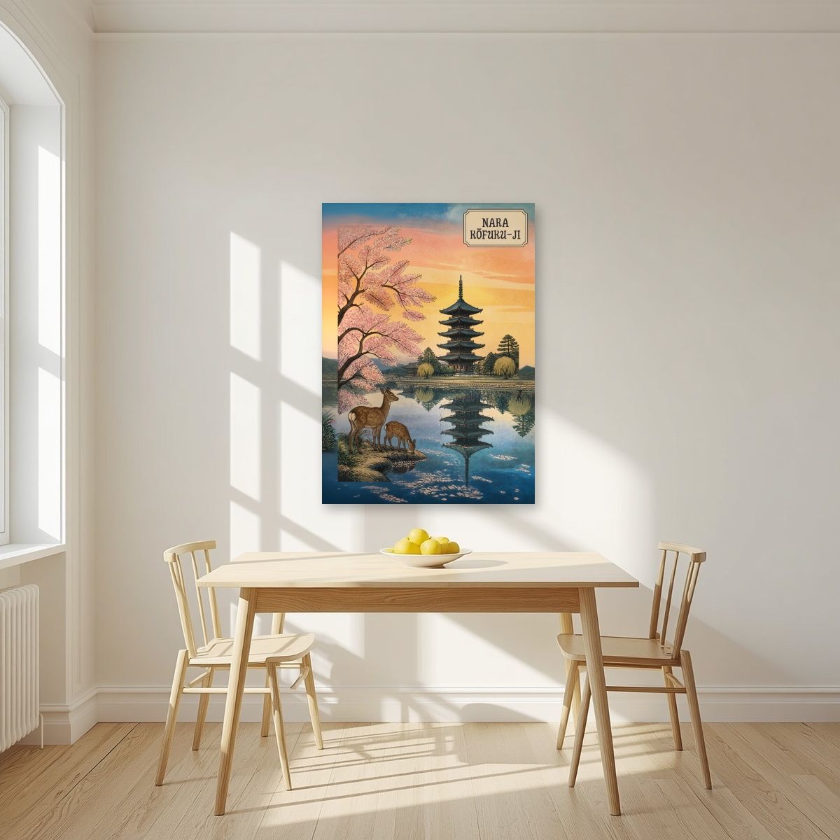 Kofuku-ji Sakura — Nara art print, unframed poster, styled in a kitchen