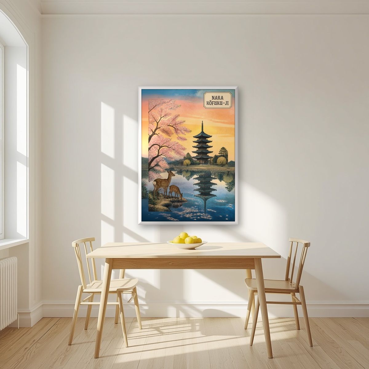 Kofuku-ji Sakura — Nara art print, in a white frame, styled in a kitchen