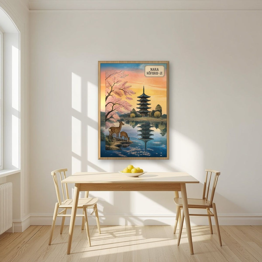 Kofuku-ji Sakura — Nara art print, in an oak frame, styled in a kitchen