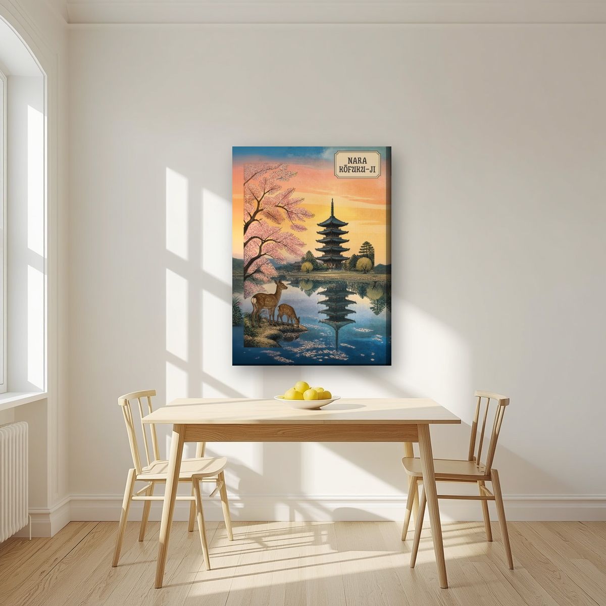 Kofuku-ji Sakura — Nara art print, on slim canvas, styled in a kitchen