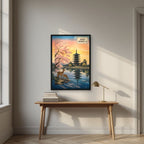 Kofuku-ji Sakura — Nara art print, in a black frame, styled in a desk