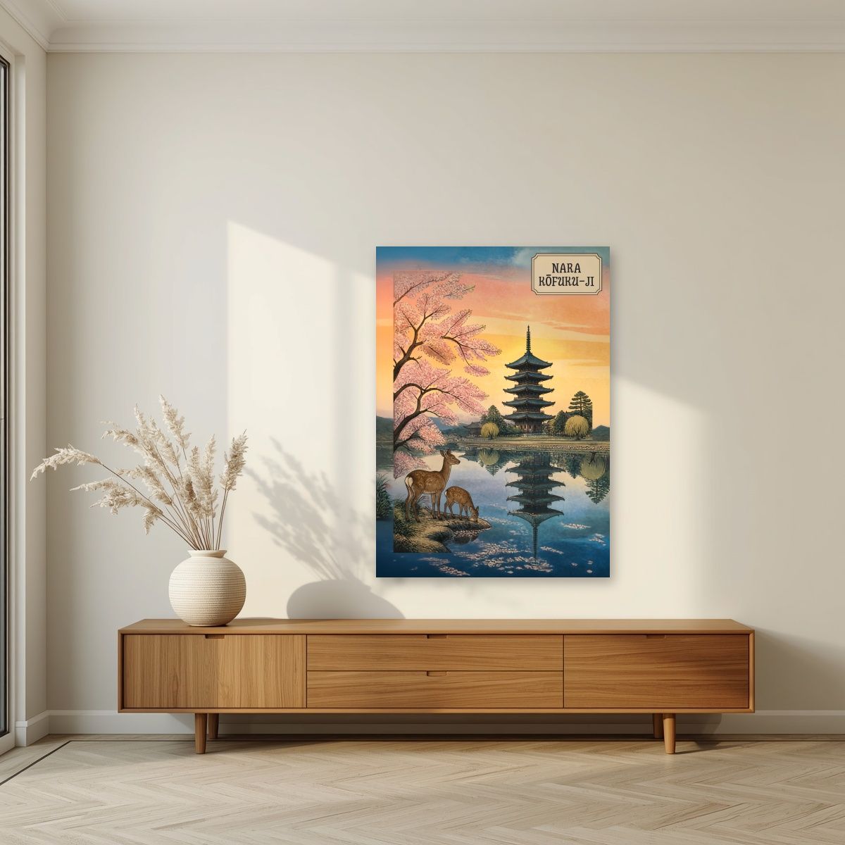 Kofuku-ji Sakura — Nara art print, unframed poster, styled in a living room