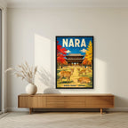Momiji Park — Nara art print, in a black frame, styled in a living room