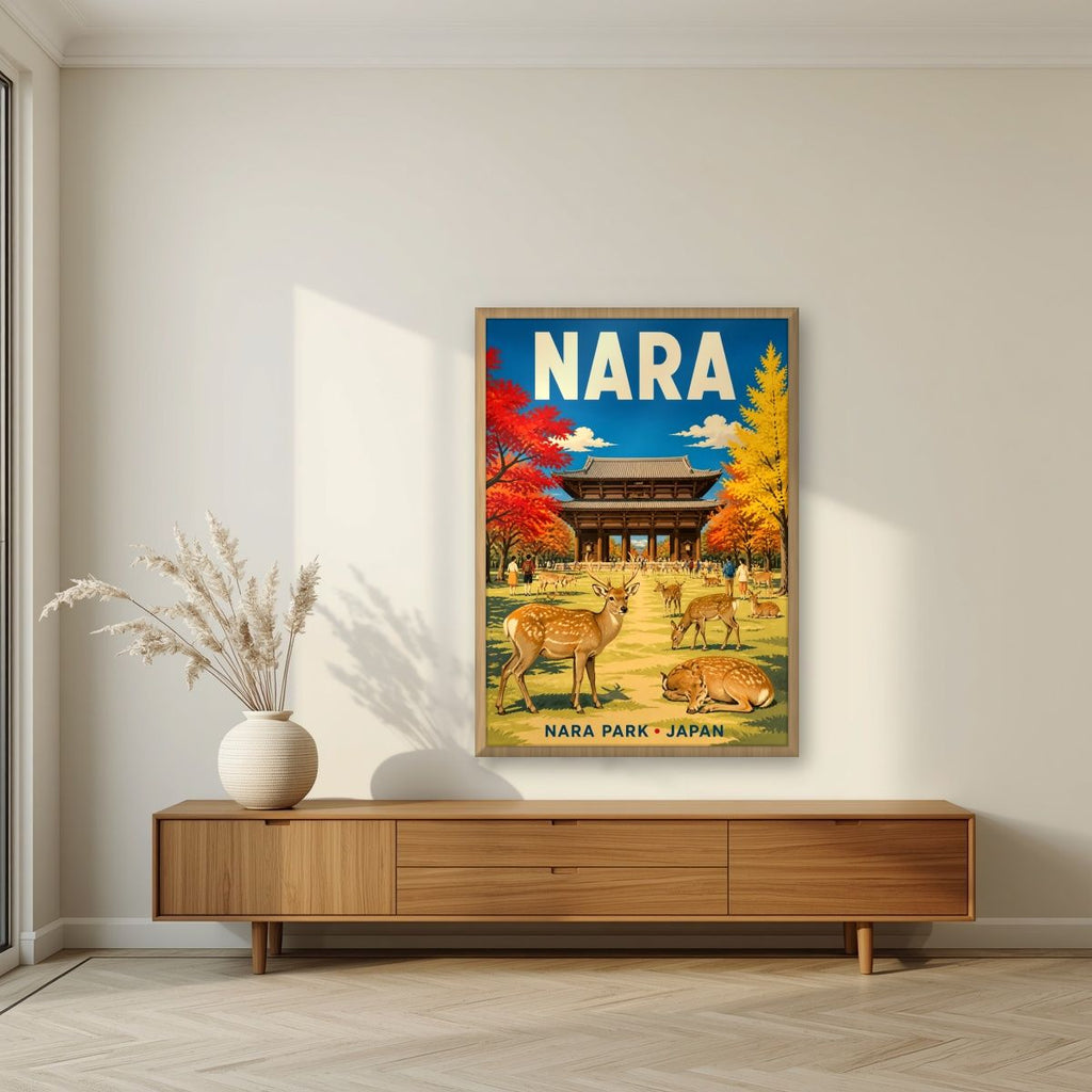 Momiji Park — Nara art print, in an oak frame, styled in a living room