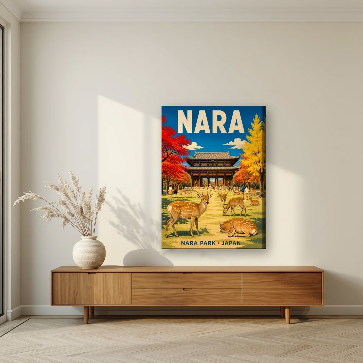 Momiji Park — Nara art print, on slim canvas, styled in a living room