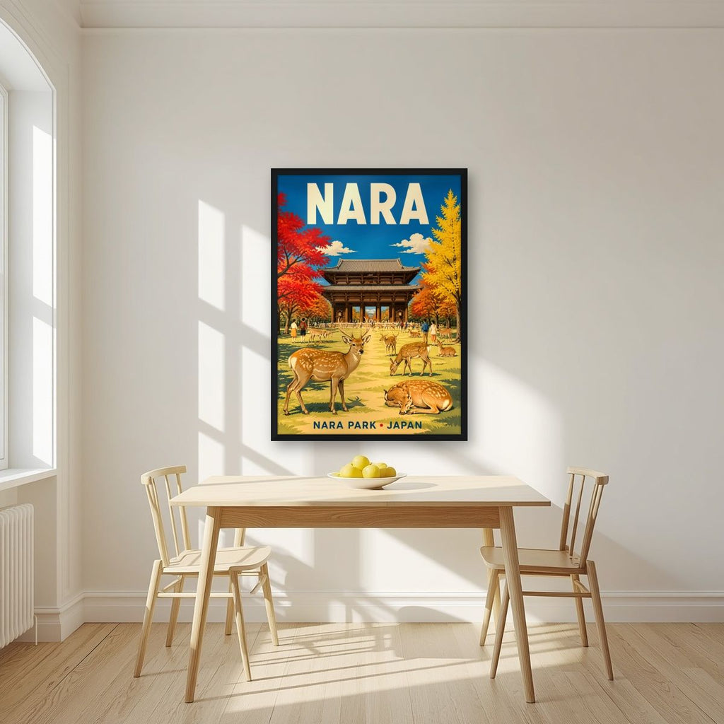 Momiji Park — Nara art print, in a black frame, styled in a kitchen