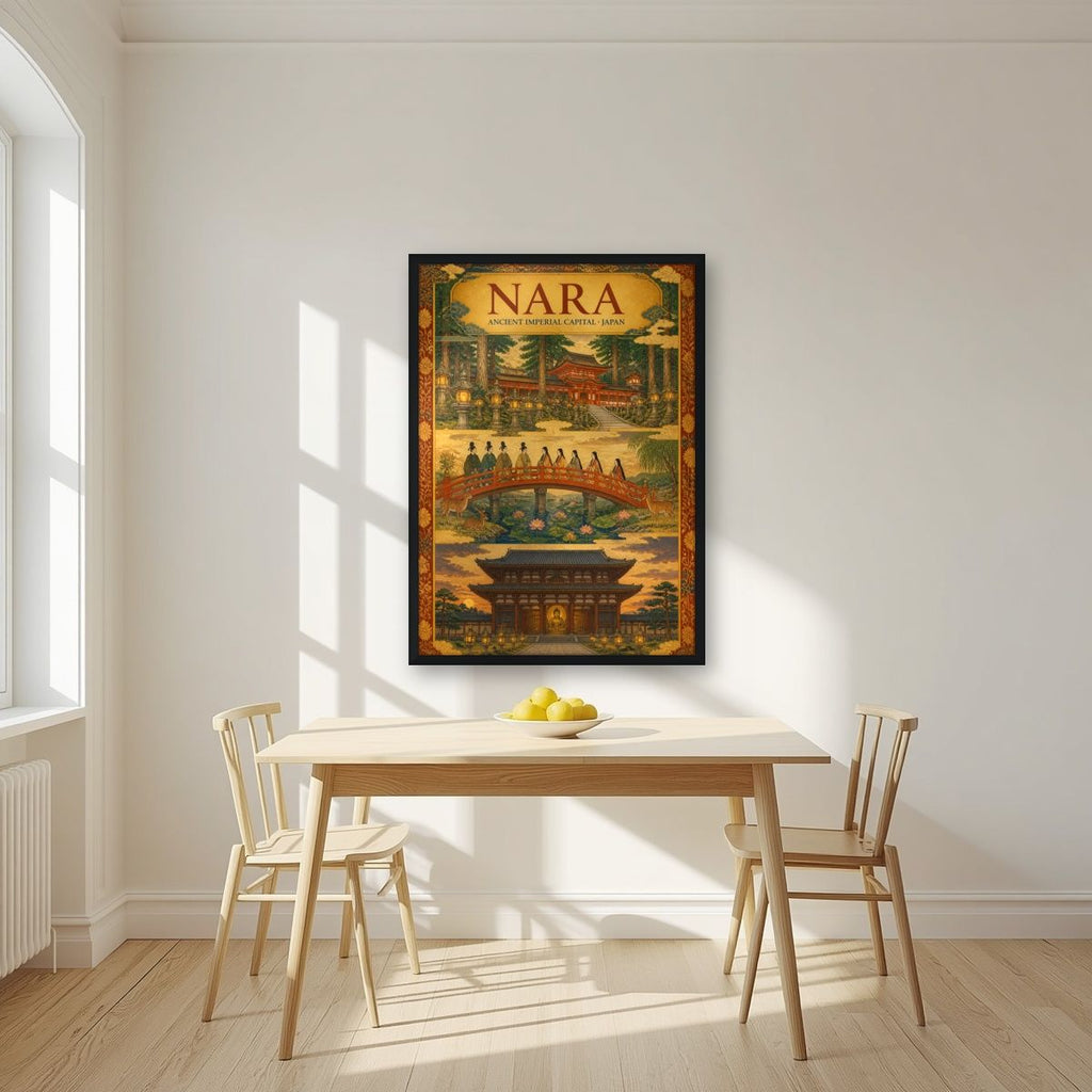 Sando Triptych — Nara art print, in a black frame, styled in a kitchen