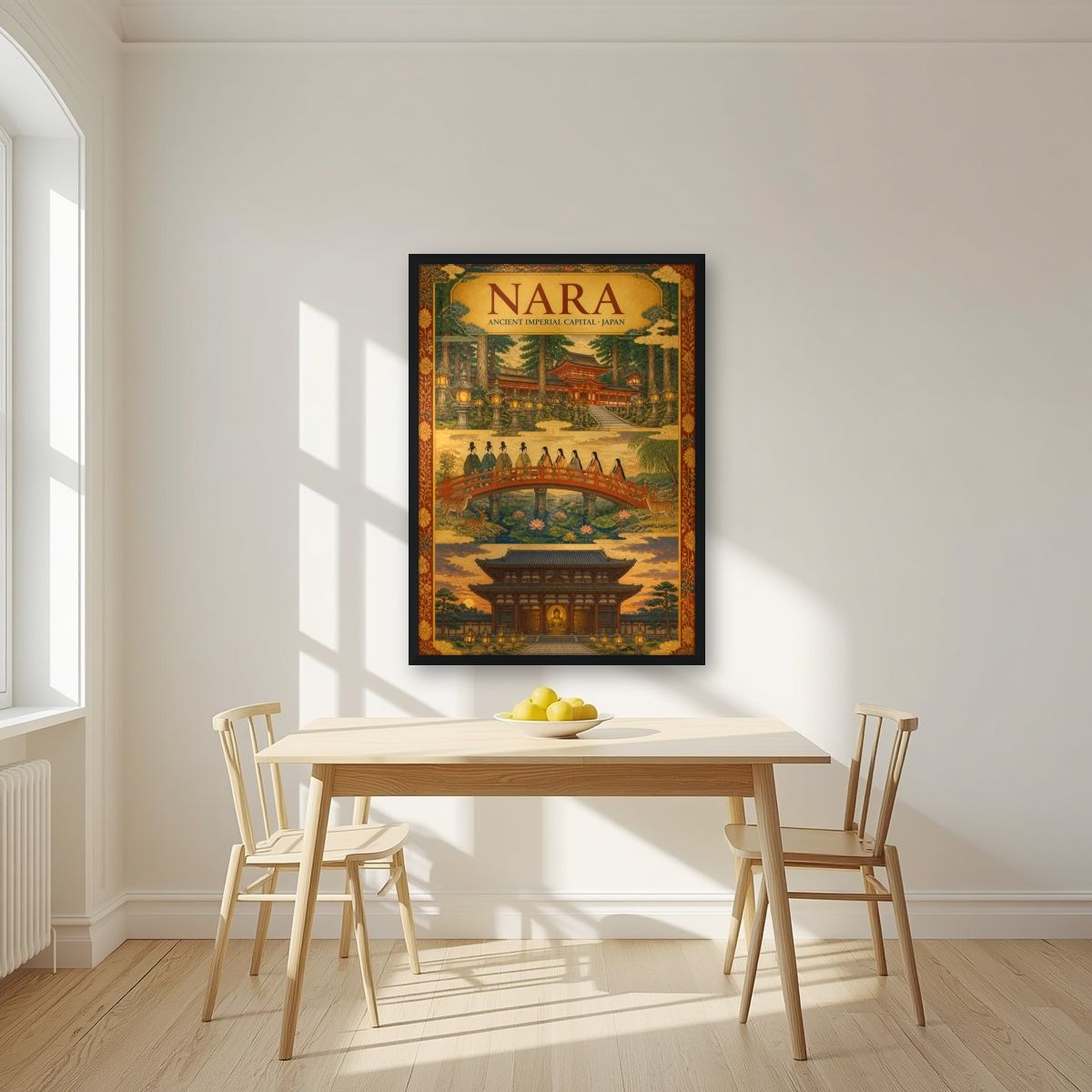 Sando Triptych — Nara art print, in a black frame, styled in a kitchen