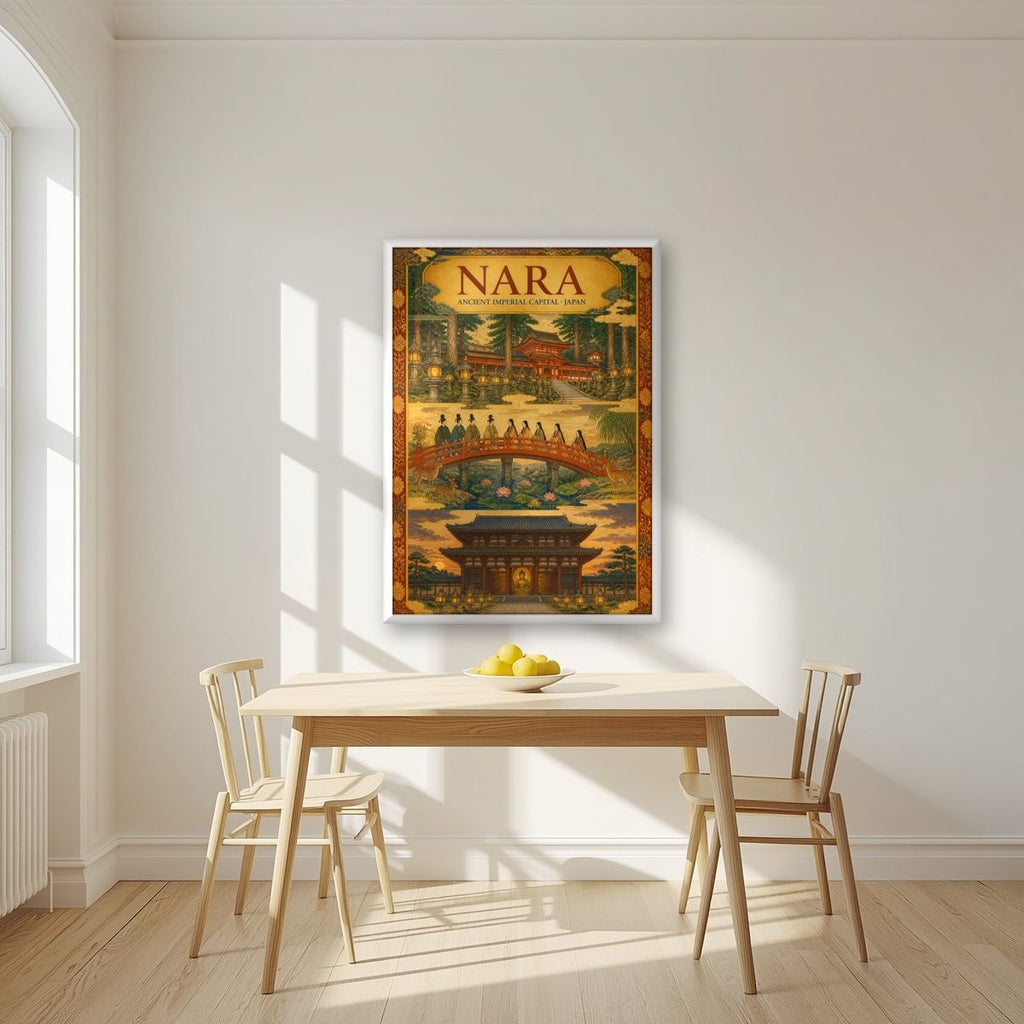 Sando Triptych — Nara art print, in a white frame, styled in a kitchen