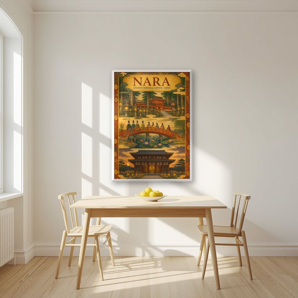 Sando Triptych — Nara art print, in a white frame, styled in a kitchen