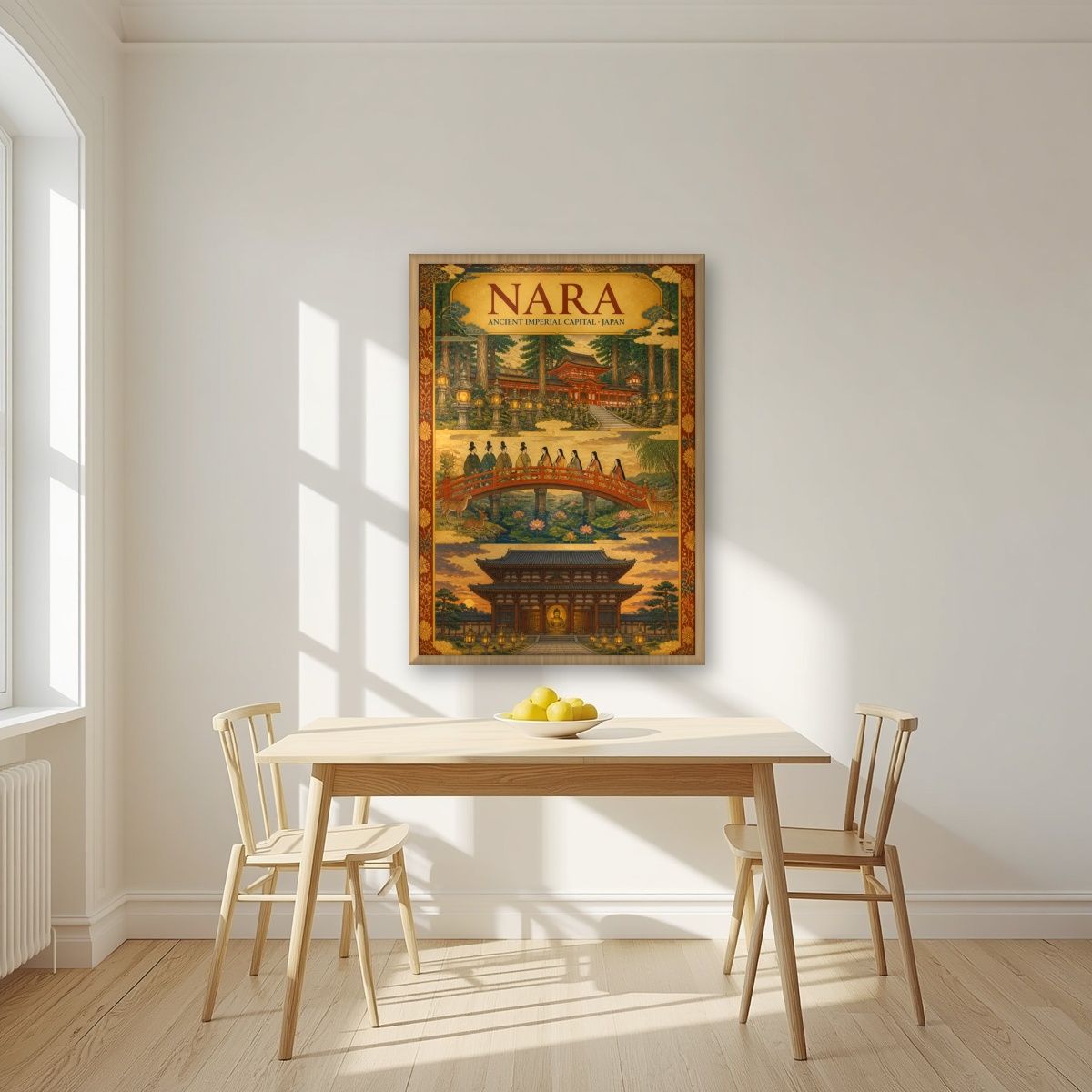 Sando Triptych — Nara art print, in an oak frame, styled in a kitchen