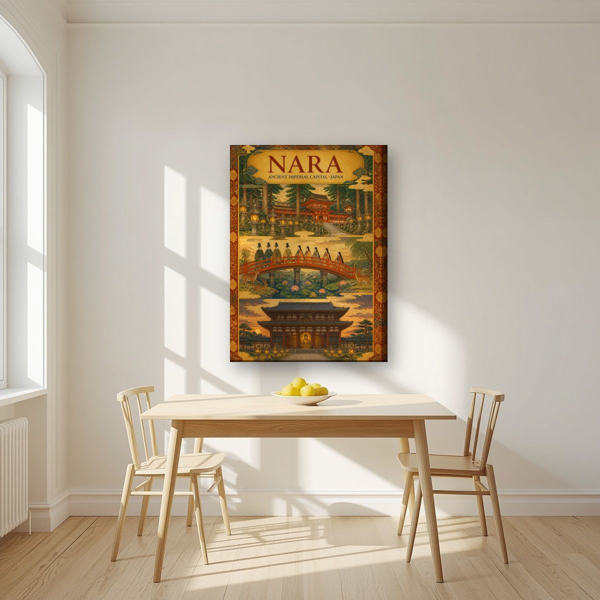 Sando Triptych — Nara art print, on slim canvas, styled in a kitchen