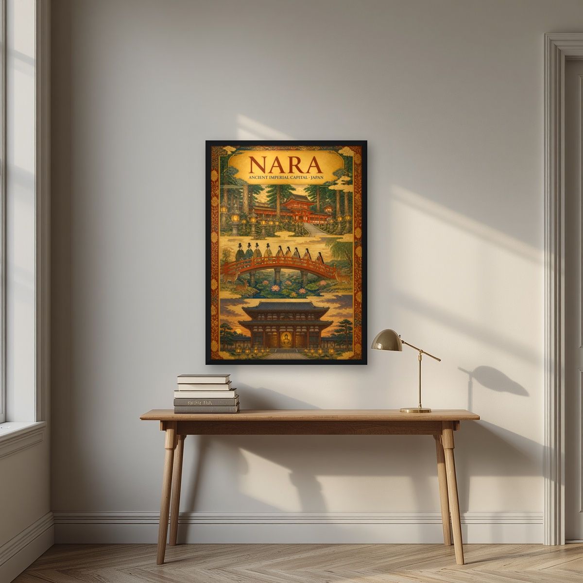 Sando Triptych — Nara art print, in a black frame, styled in a desk