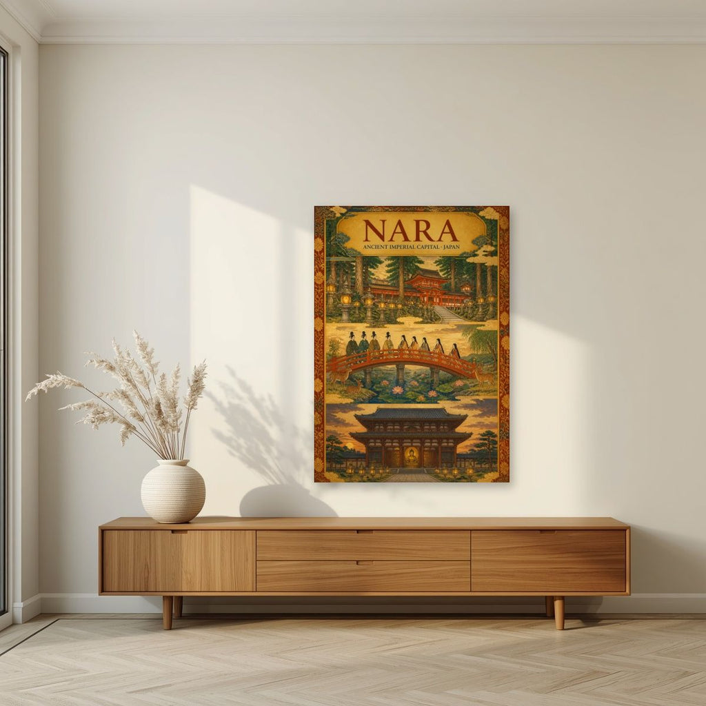 Sando Triptych — Nara art print, unframed poster, styled in a living room