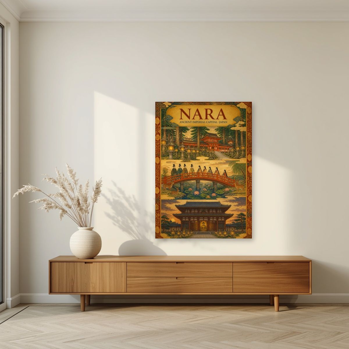 Sando Triptych — Nara art print, unframed poster, styled in a living room